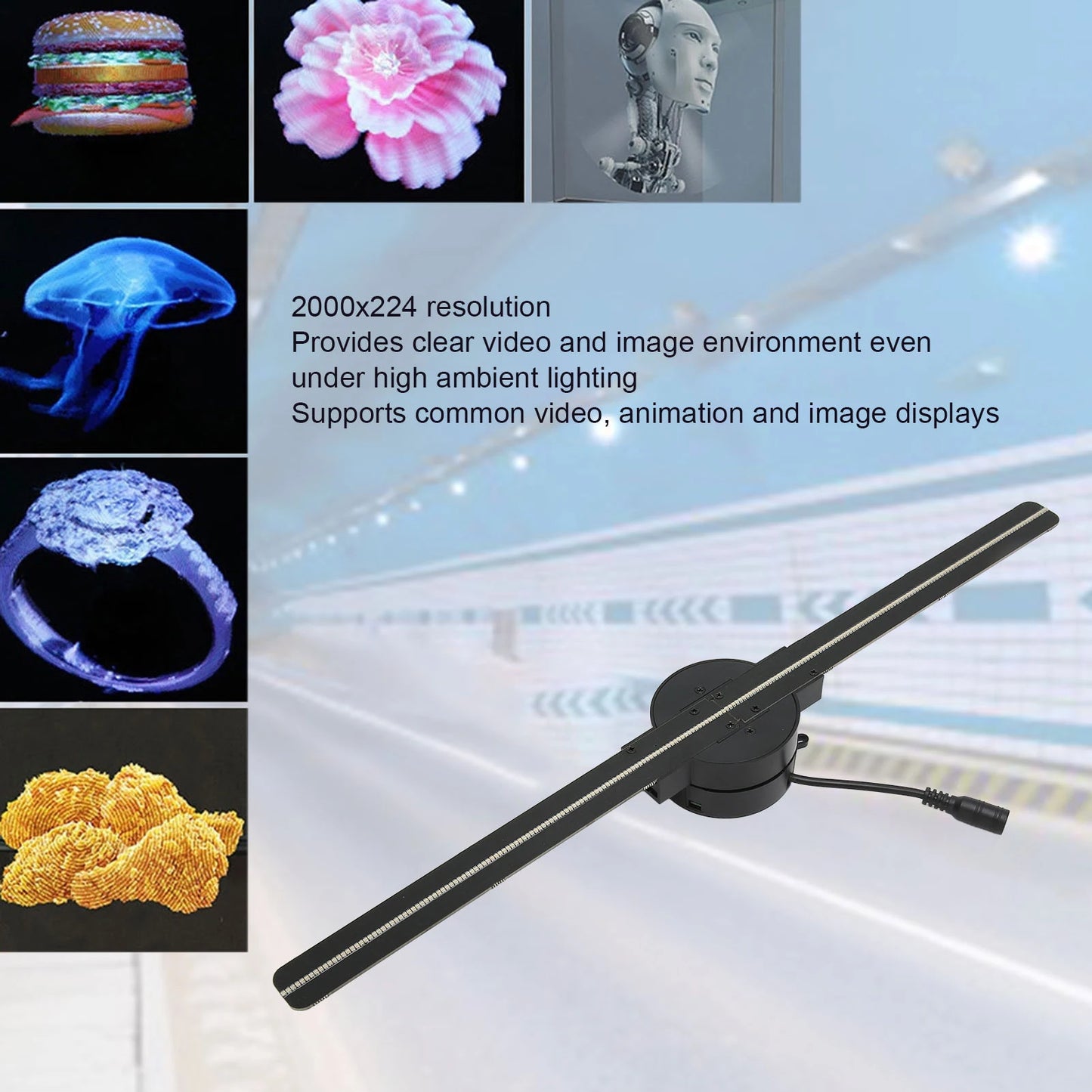 16.5in 3D Hologram Fan 2000x224 WiFi 3D Projector with 224 LED Light Beads for Business Store Advertising 100‑240V